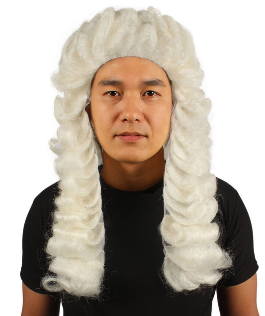 男性用コロニアル裁判官カーリーロングホワイトウィッグ H-4332 プレミアム通気性キャップレスキャップ