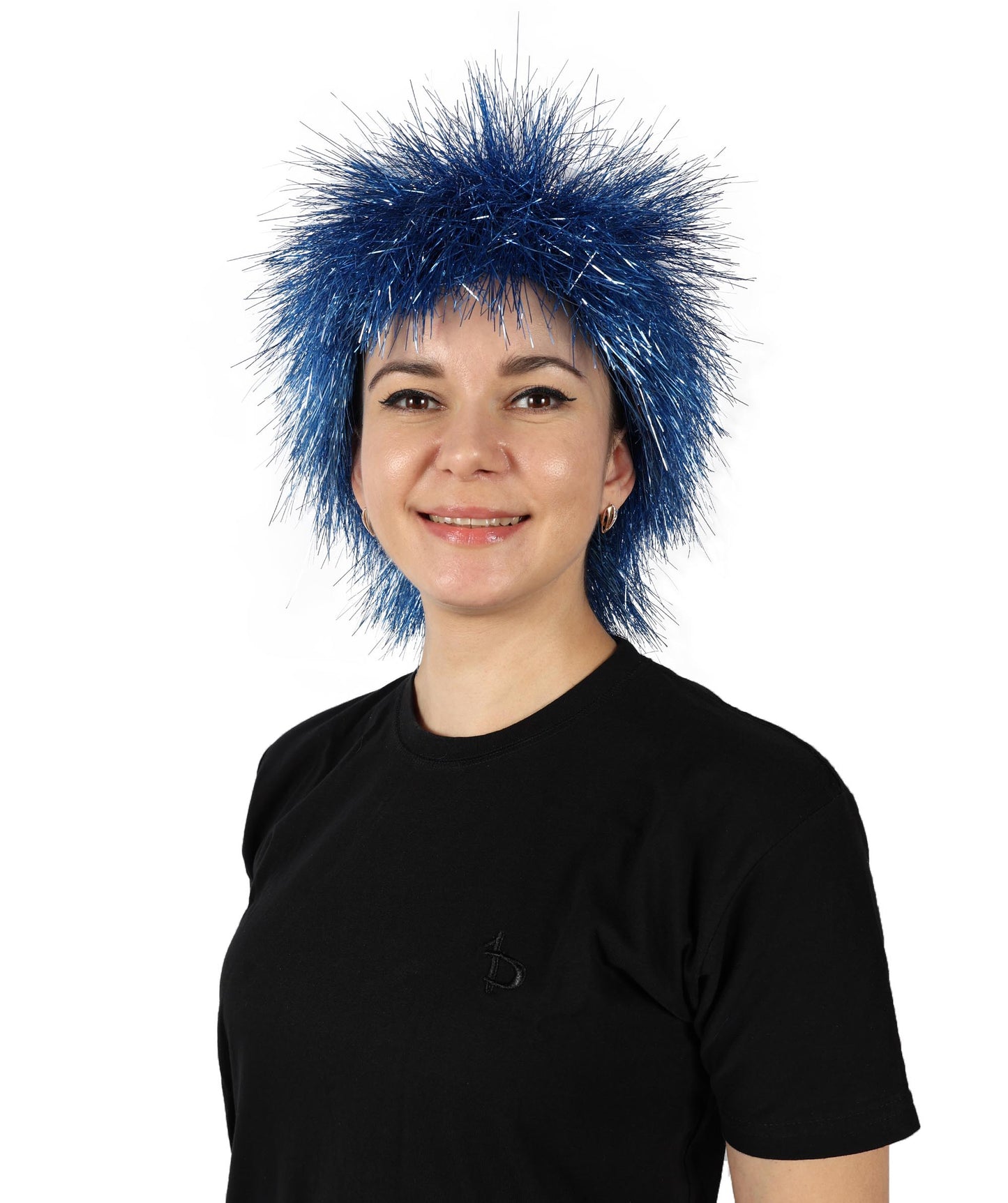 H-6864-TTN-BL 大人用ミディアムティンセルストレートブルーウィッグ(女性用)、華やかなコスチュームウィッグ、コスプレパーティーやイベントに最適