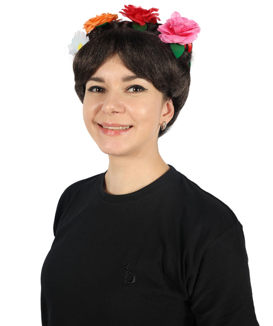Wigs2you H-6885 大人女性用 死者の日 フリーダ ウィッグ | ハロウィン、コスプレ、フェスティバル用 花冠付きブラック編み込みウィッグ | 高級合成繊維 | 快適で通気性のあるキャップ | 死者の日やテーマパーティーに最適