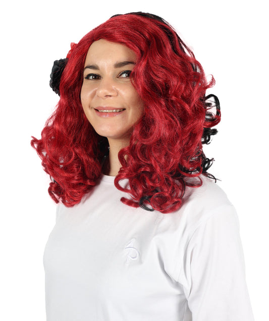 Wigs2you H-6887 大人女性用 死者の日 17インチ 黒と赤のカーリーウィッグ 花付き | ハロウィン&コスプレウィッグ | 難燃性合成繊維