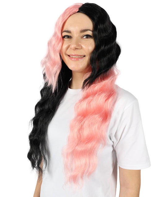 Wigs2you H-6890 大人女性用 ウェーブロング ハーフブラック&ハーフピンクウィッグ|ハロウィン・コスプレウィッグ|難燃性合成繊維