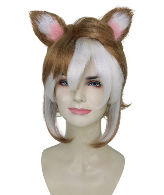 女性用 H-5976 ブラウン & ホワイト アニメ戦士ウィッグ ハロウィンに最適 難燃性合成繊維