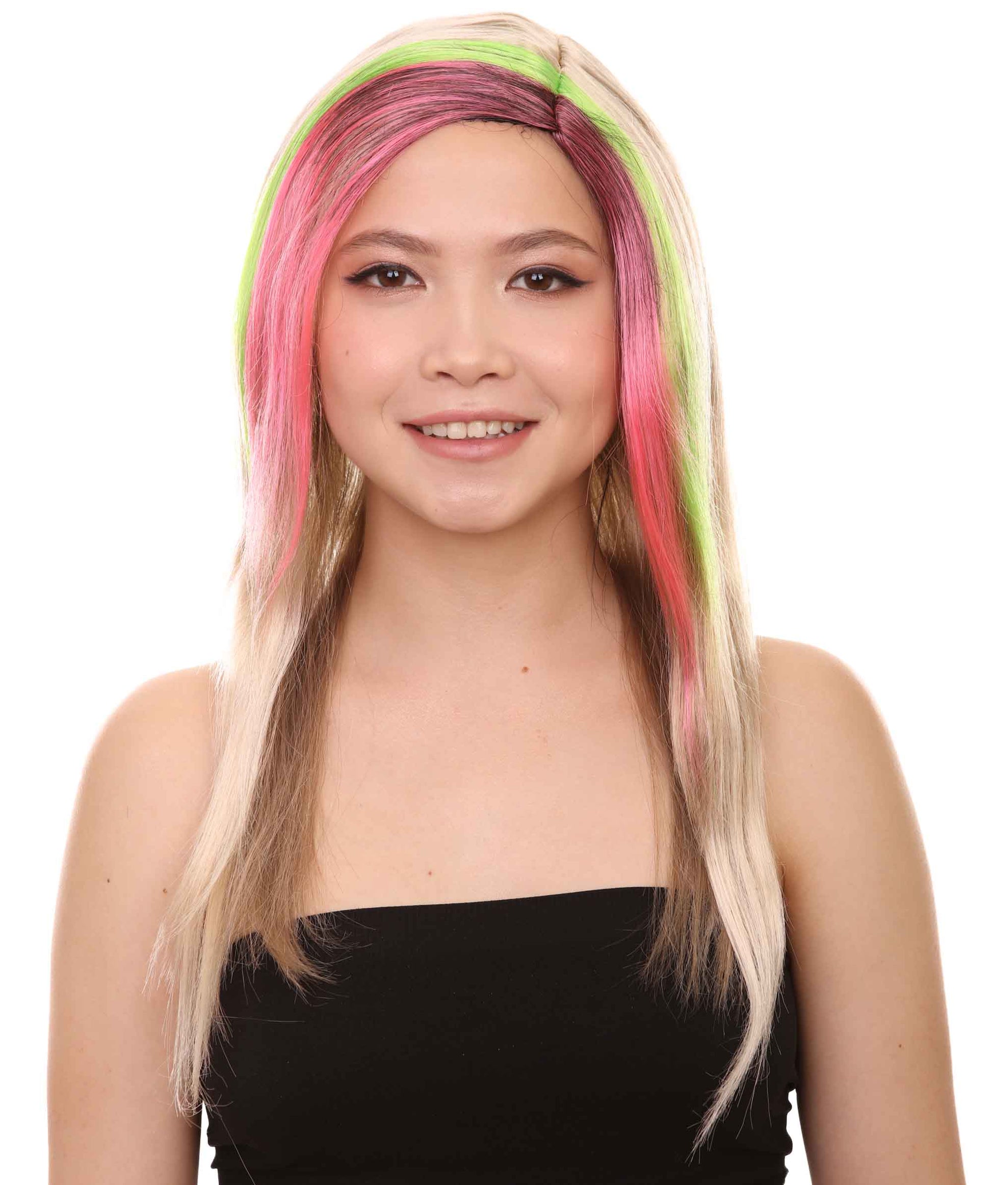 ハロウィンパーティープレミアムレディースH-2564 トライパンクウィッグ マルチカラー セクシーコスプレパーティーウィッグ プレミアム通気性のキャップレスキャップ