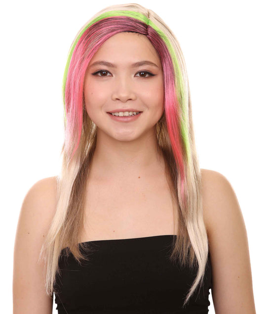 ハロウィンパーティープレミアムレディースH-2564 トライパンクウィッグ マルチカラー セクシーコスプレパーティーウィッグ プレミアム通気性のキャップレスキャップ