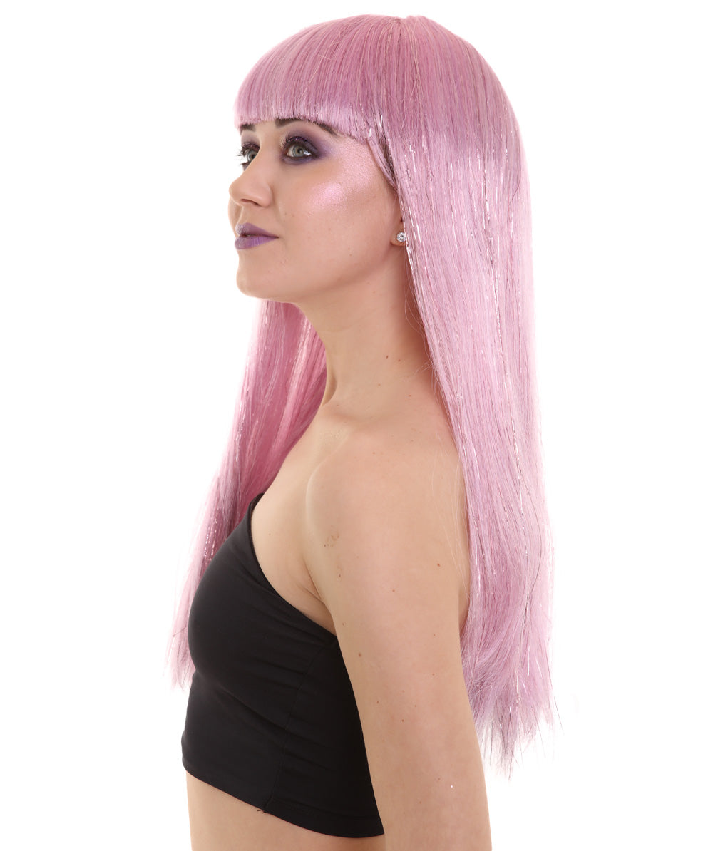ハロウィンパーティ プレミアム H-5207 女性用 ロングベビーピンクティンセル バング付きウィッグ