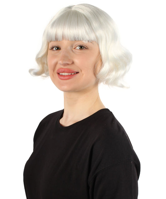 女性 8インチ ショートレングス ウェービー ポップアイコンウィッグ 白 H-5381_17 合成繊維の髪 ハロウィーンパーティーウィッグ