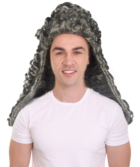 コロニアル男性裁判官ウェービーカーリーロンググレーウィッグ H-4350 プレミアム通気性キャップレスキャップ