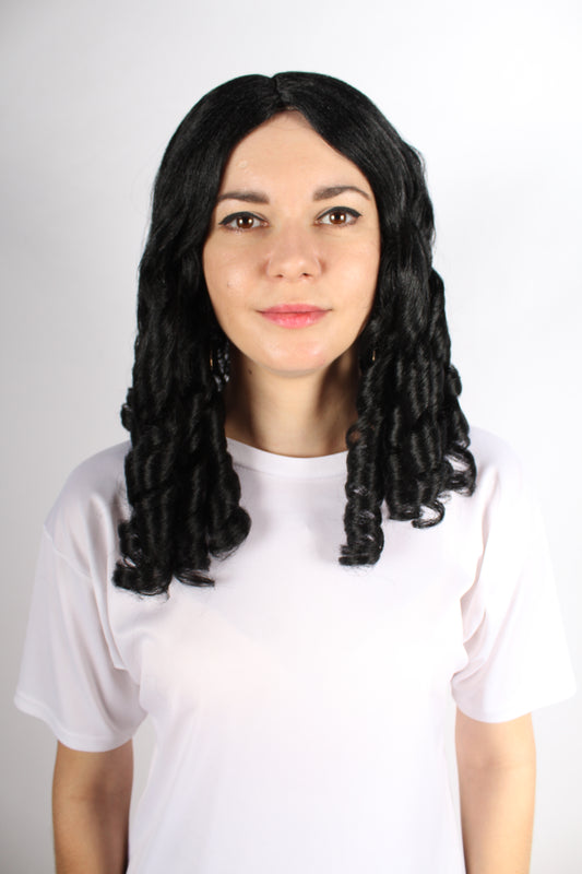 ハロウィンパーティープレミアム H-5352 女性用 ブラック カーリーショルダーレングス トレンディ スタリーカールズウィッグ