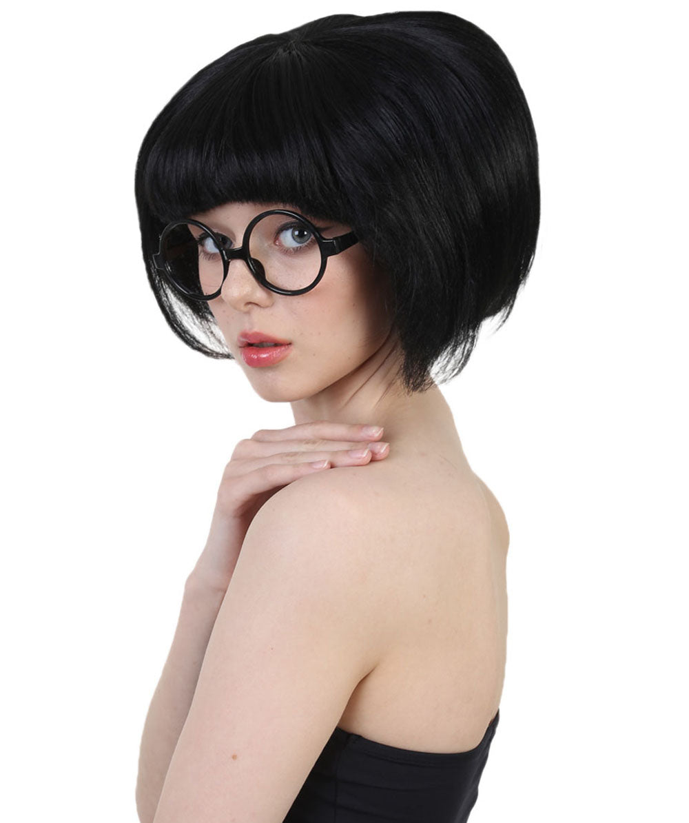 Incredibles 2 ファッションデザイナー Edna Mode グラスセット付き H-3844 ブラック カラーボブ バング&グラス ハロウィンウィッグ 通気性の良い キャップレスキャップ