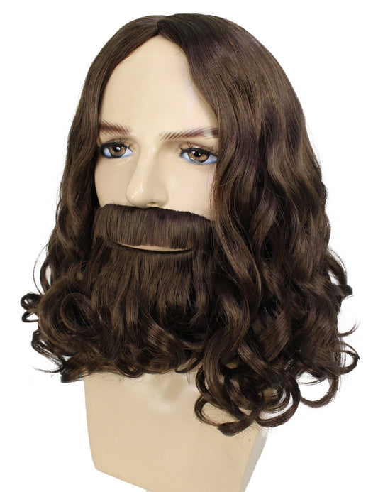 ハロウィンパーティ プレミアム メンズ H-5574 暗い茶色のウェービーショルダーレングスランバージャックウィッグ髭付き