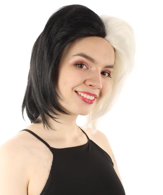 大人向け女性用 H-5801 クラシック カートゥーン 残酷な ダルメシアン キラー ブラック アンド ホワイト スプリットダイ ウィッグ ハロウィンに最適 難燃性合成ファイバー