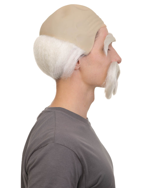 メンズ H-6053 メルヘンキング ホワイト 半ハゲウィッグ 口ひげ・眉毛付き ハロウィンにぴったり 難燃性合成繊維