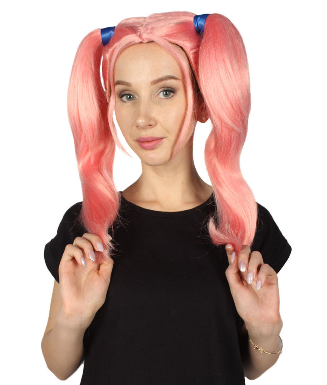 女性用ピンクアップツインテールウィッグ H-3387 パーティーハロウィンウィッグ プレミアム通気性のあるキャップレスキャップ