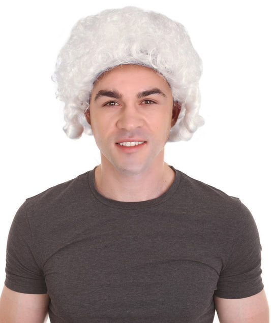 男性用コロニアルカーリーホワイト歴史的ウィッグ H-4339 プレミアム通気性キャップレスキャップ