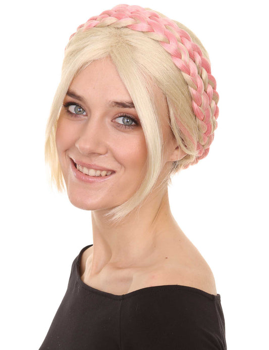 ルネッサンス レディース 三つ編み ピンクの三つ編みウィッグのショート ブロンド プレミアム通気性キャップレスキャップ H-273