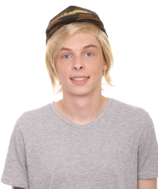 男性用 H-1543 メイクアメリカグレートアゲイン ハット ブロンド ウィッグ プレミアム通気性キャップレスキャップ