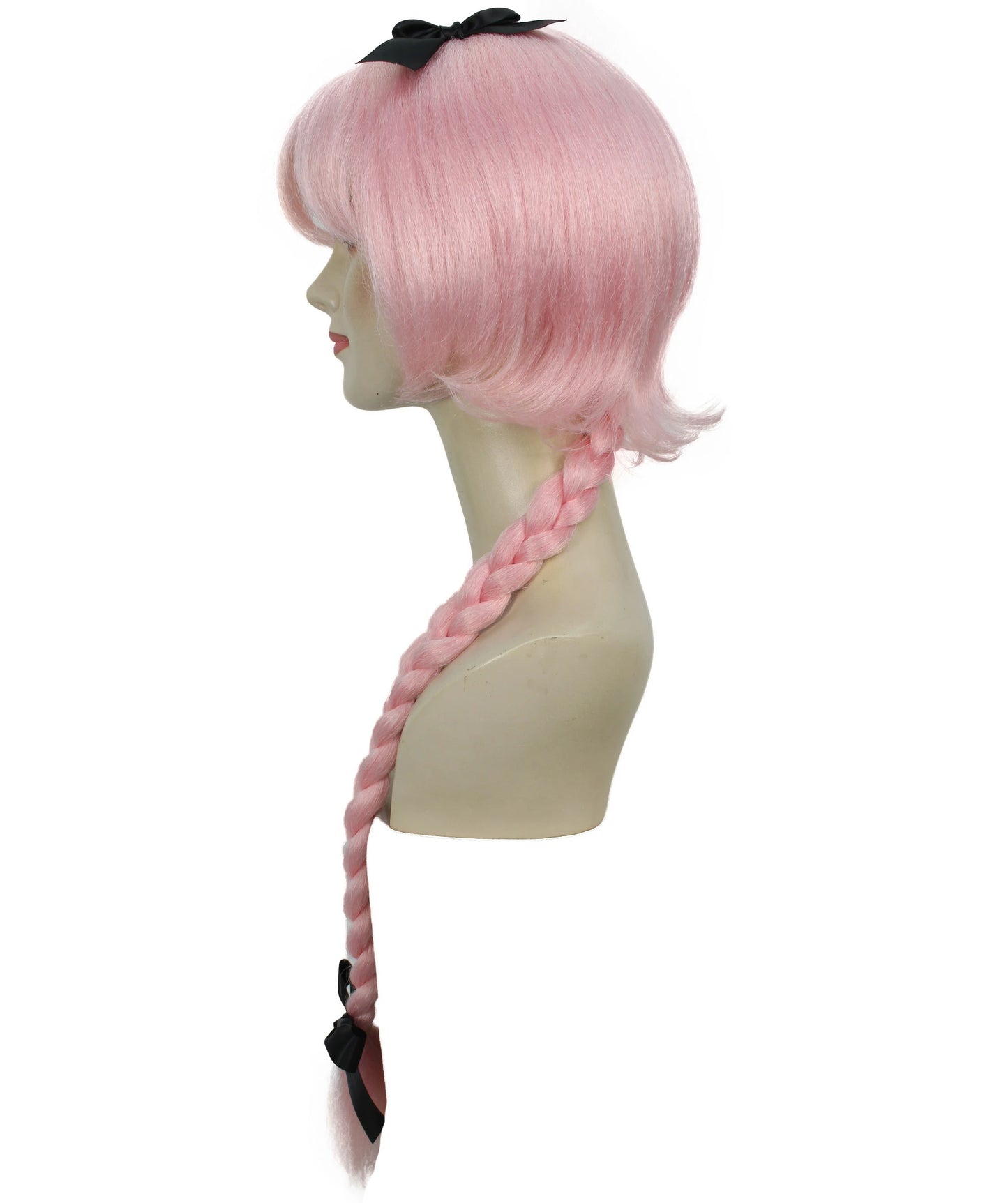 H-6264 ピンク コスプレウィッグ 女性用 ロング編み込み ちょう結び 難燃性合成繊維製