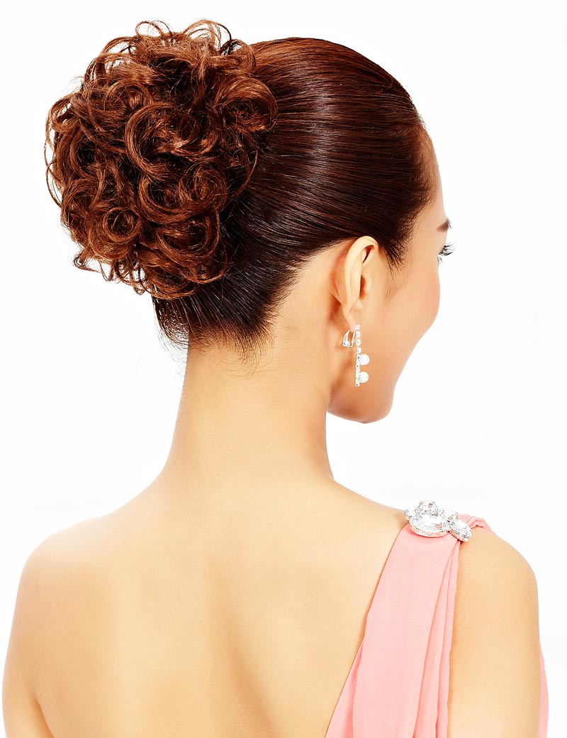 女性 W-8425 の可愛いシニョンフラフィーカーリーフラワールックバンズヘアスタイル チャコールゴールデンオーバン混合 合成繊維