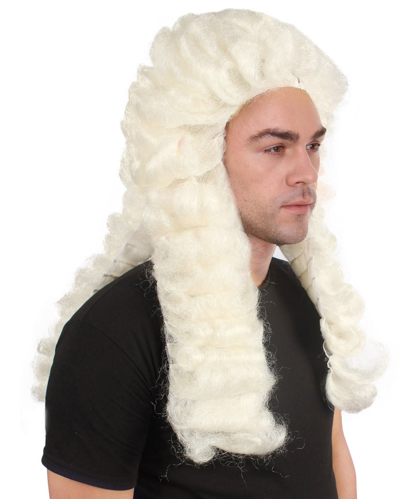 男性用コロニアル裁判官カーリーロングホワイトウィッグ H-4332 プレミアム通気性キャップレスキャップ