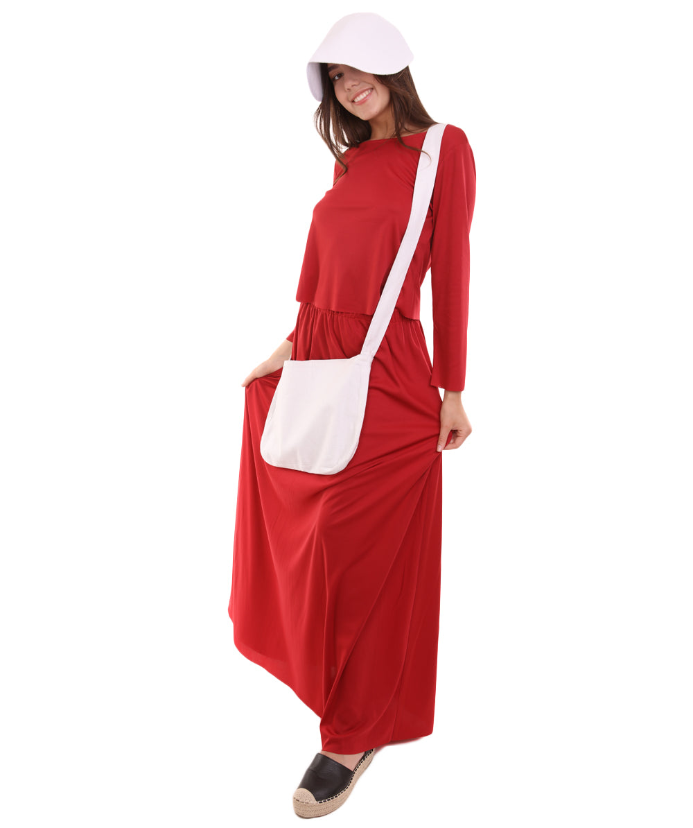 女性用 JCP-066 シンプル レッド ドレス ハンドメイド コスプレ コスチューム バッグとボンネット付き