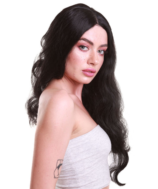 女性 ロング カーリー センターパーティング ブラック ウィッグ H-5094 プレミアム 通気性の良いキャップレスキャップ