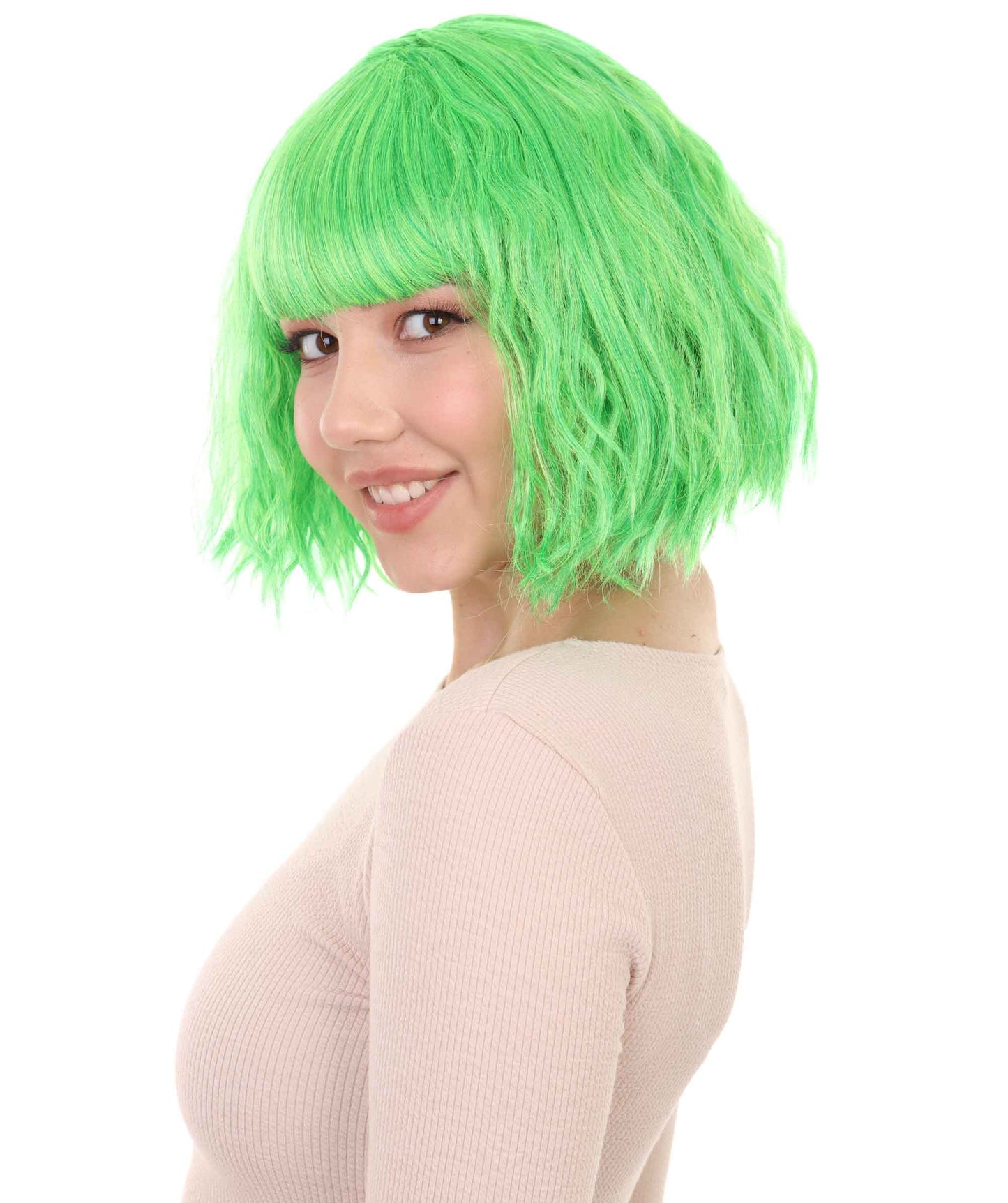 女性用カーリーパーティーレディ ファンシーコスプレハロウィンウィッグ H-3821 緑色 プレミアム通気性キャップレスキャップ