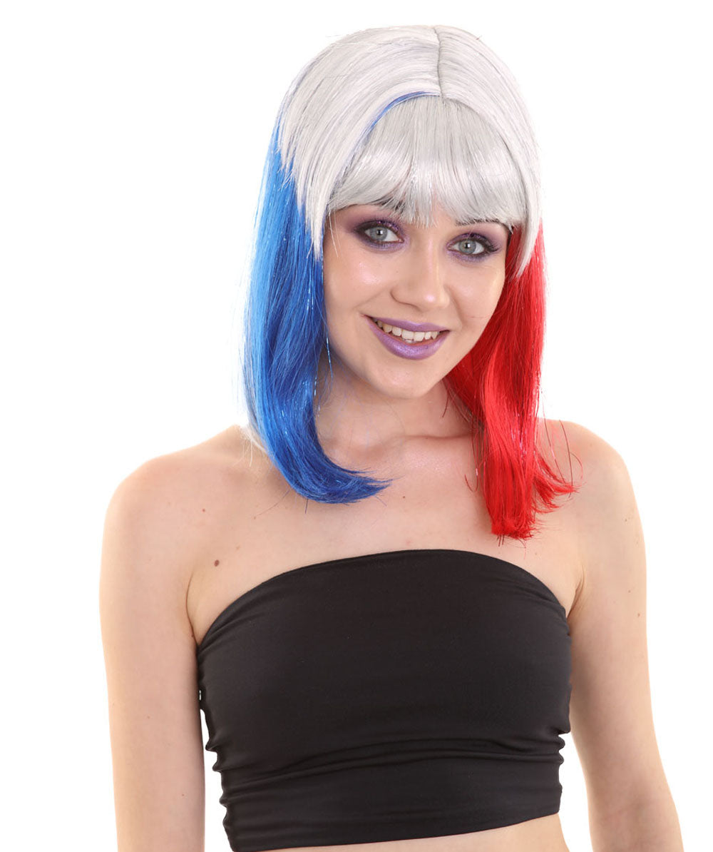 ハロウィンパーティ H-5218 女性用 赤白青ボブウィッグ プレミアム 通気性抜群のキャップレスキャップ