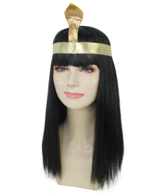 女性用H-5907 エジプトの女王 ウィッグ ヘッドバンド付き ブラック カラー ハロウィンに最適 難燃性合成ファイバー