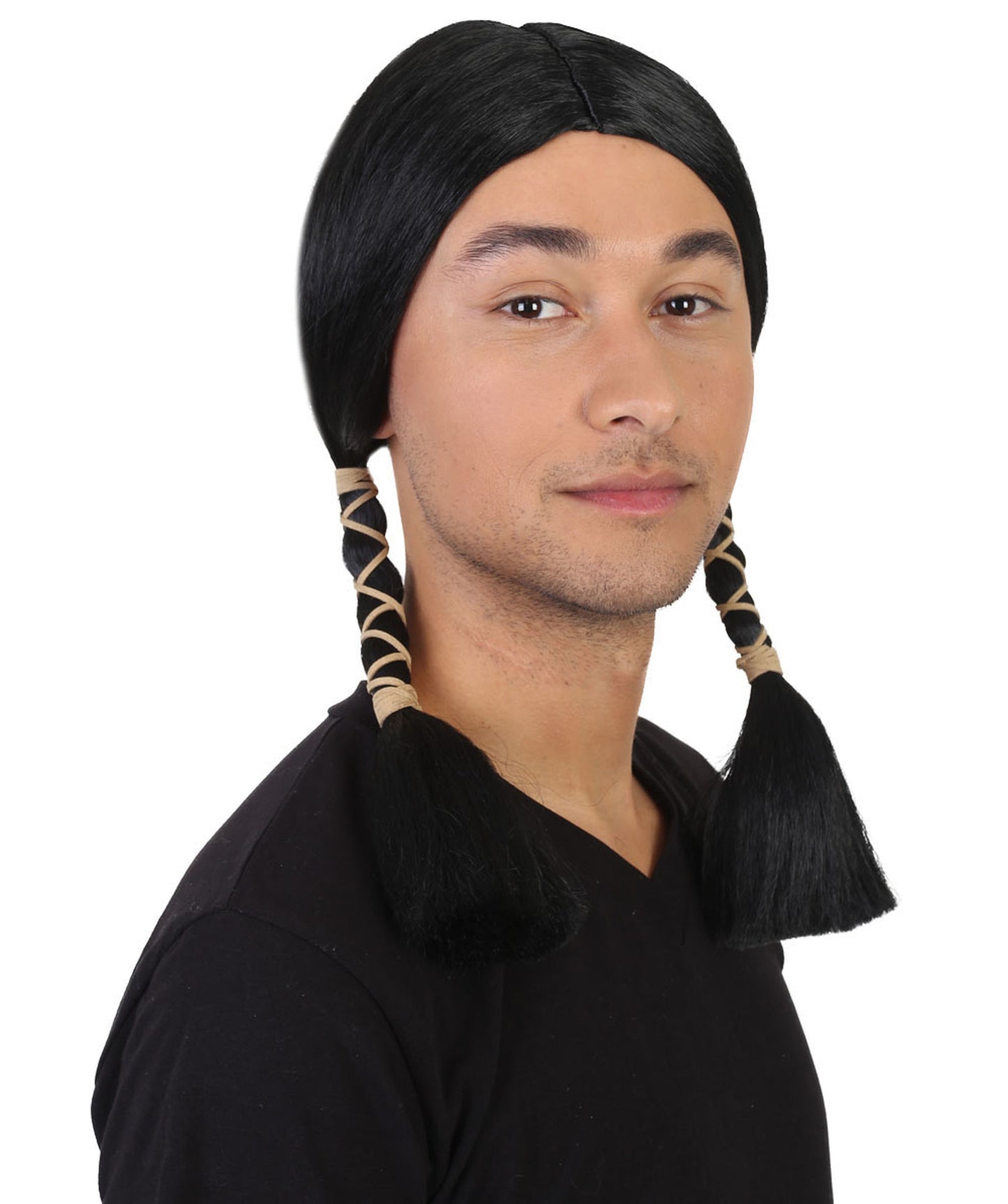 男性用 H-1548 ネイティブアメリカン ブラック ウィッグ コスプレハロウィン ウィッグ プレミアム通気性キャップレスキャップ
