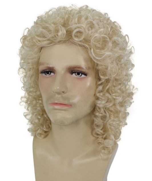 メンズ H-6132 クラシック ロング カーリー ブロンド シンガー ウィッグ、通気性キャップレス キャップ、難燃性合成繊維