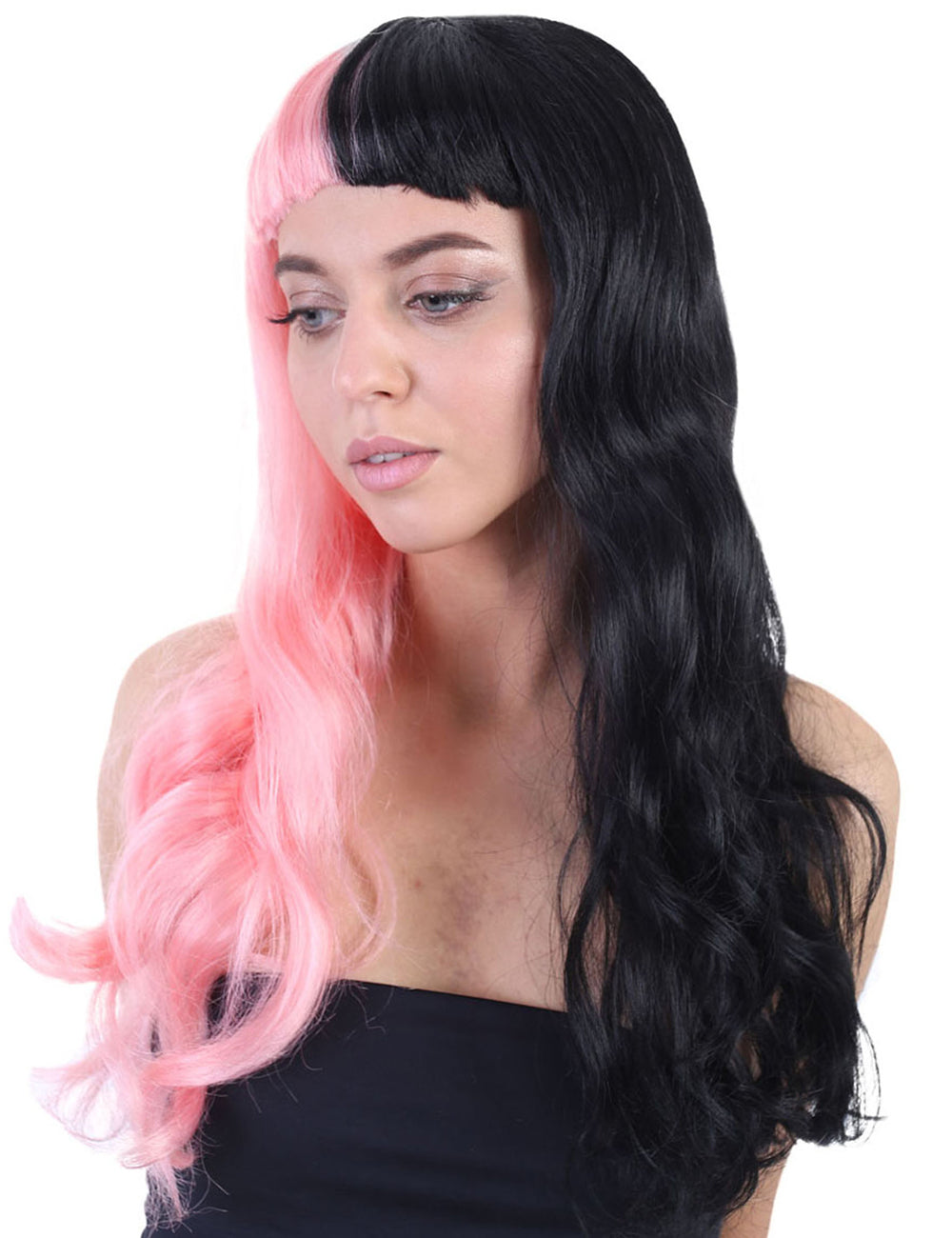 Wigs2you ハロウィンパーティープレミアムレディース H-1471 美しいルックを手に入れよう!独占!コスプレウィッグ メラニー 長いウェービーハーフピンクとブラックスタイル