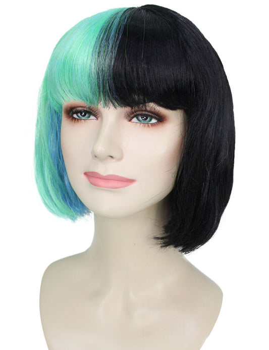 2つの状態アーティストかつらを対比している女性の肩長-柔らかいミント緑と真っ黒な髪-Caplessなキャップ設計H-5257