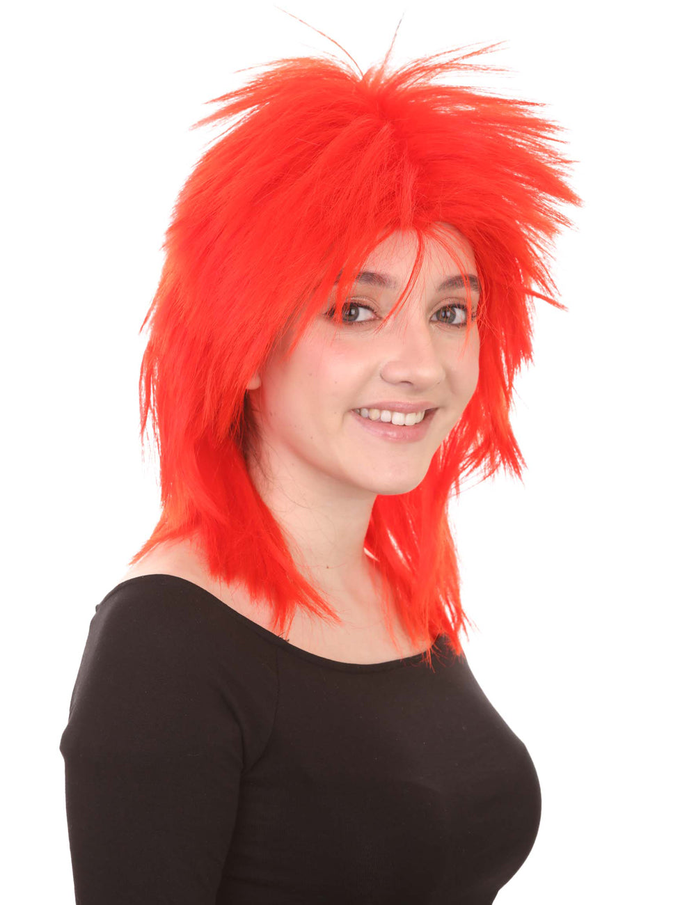 Wigs2you ハロウィン パーティー プレミアム H-1334 簡単に着用でき 快適なフィット感 80 年代女性ネオンレッド ロッカー スタイルウィッグ