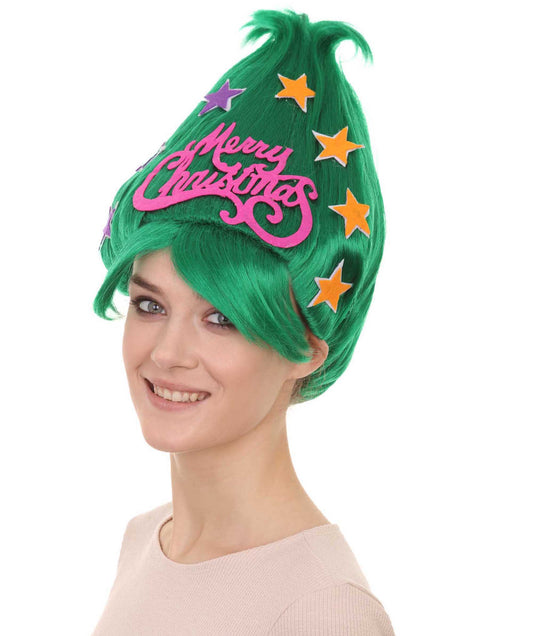 グリーンクリスマスツリーレディースウィッグ H-3529 メリーウィッグ プレミアム通気性のあるキャップレスキャップ