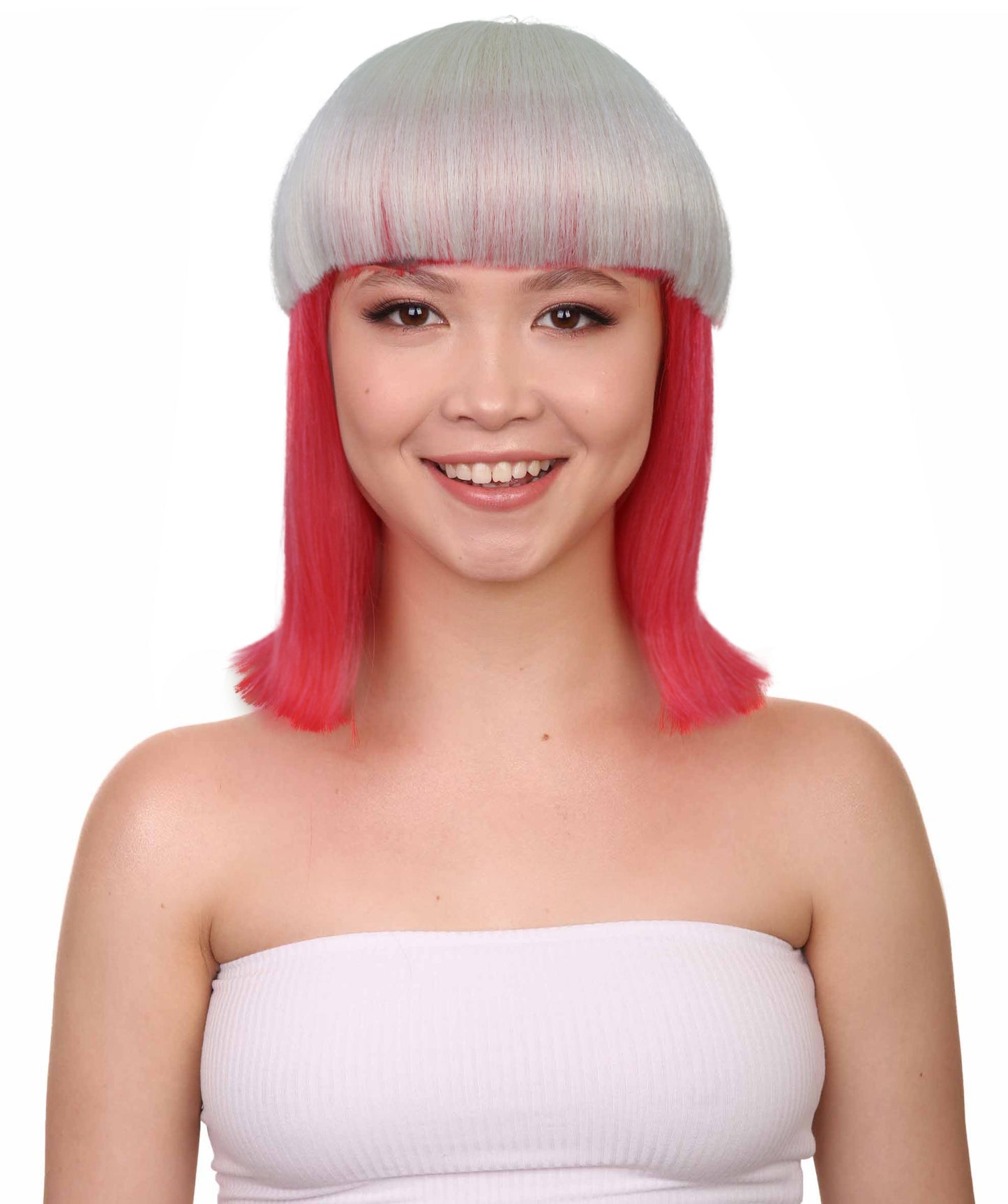 女性用 H-5978 ショート ピンクと白のボブウィッグ コスプレに最適 難燃性合成繊維