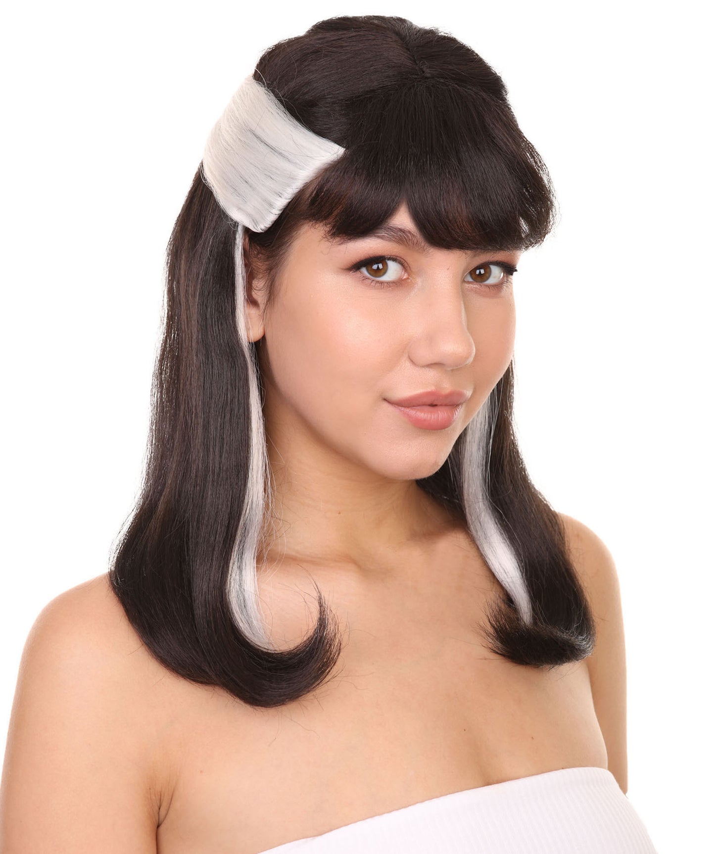 プレミアムハロウィンパーティーレディ H-5469 ミディアムレングス ブラックホワイト ウィザード ナルシッサウィッグ 黒と白