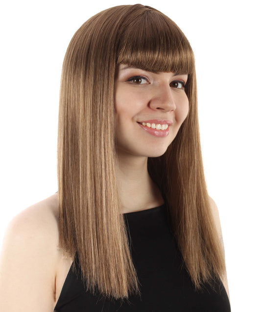 女性 18インチ シルキーな中程度のストレート長さ ディーバウィッグ ライトブラウン H-5378_13 合成繊維の髪 バングス付き ハロウィーン パーティーウィッグ