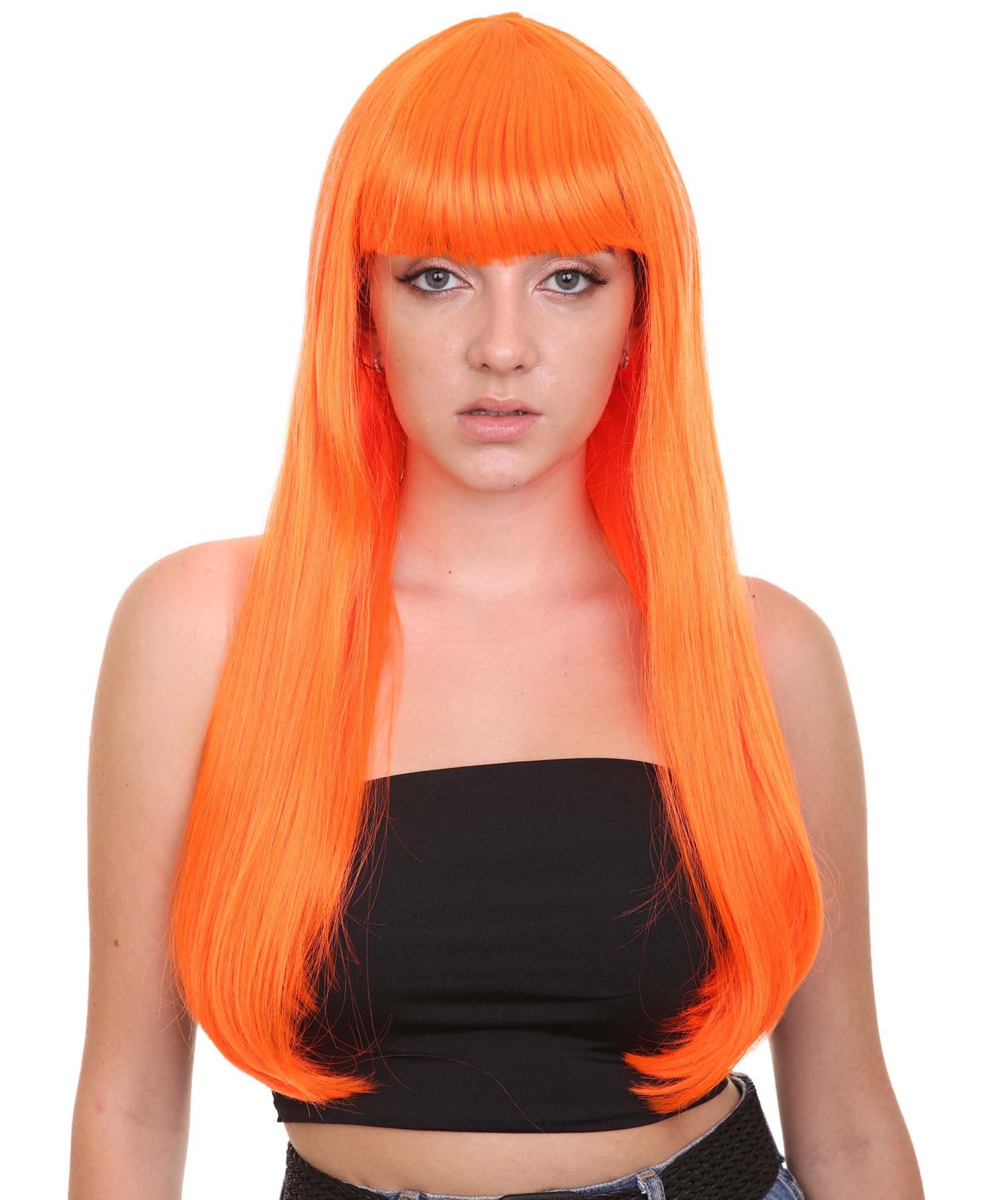 ロングボブネオンオレンジ女性用ウィッグ H-3363 華やかなパーティーイベント準備完了のハロウィンウィッグ プレミアム通気性のあるキャップレスキャップ