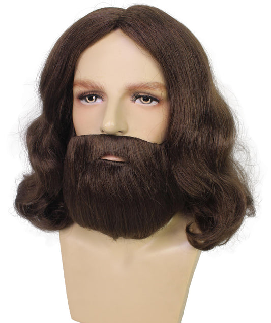 メンズミディアム長ブラウンH-6809ヒゲとヒゲコスプレウィッグ難燃性合成繊維と波状のイエスのかつら