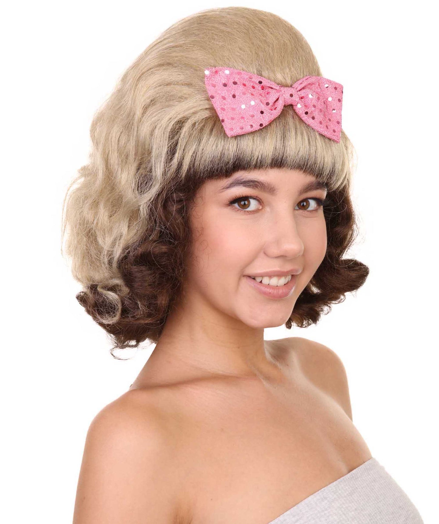 プレミアムハロウィンパーティーレディ H-5406 50'sのフリーティング ブーファントアップドウィッグ ライトブロンドとブラウン