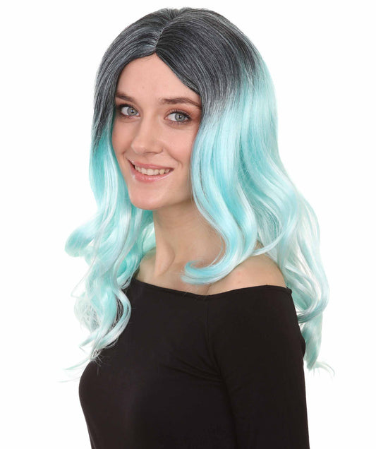 婦人用想像青かつら|長い波打った黒い空ハロウィンかつら|割増空気を通すCaplessなキャップH-421