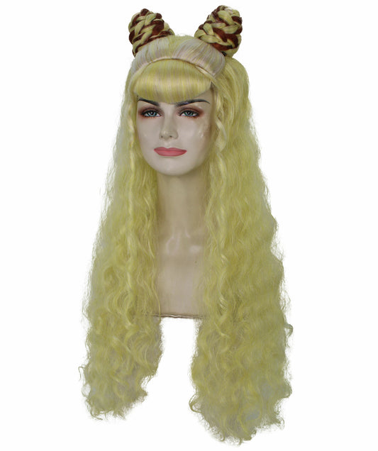 イエロー H-6263 女性用コスプレウィッグ ハーフアップダブルお団子デザイン 難燃性合成繊維