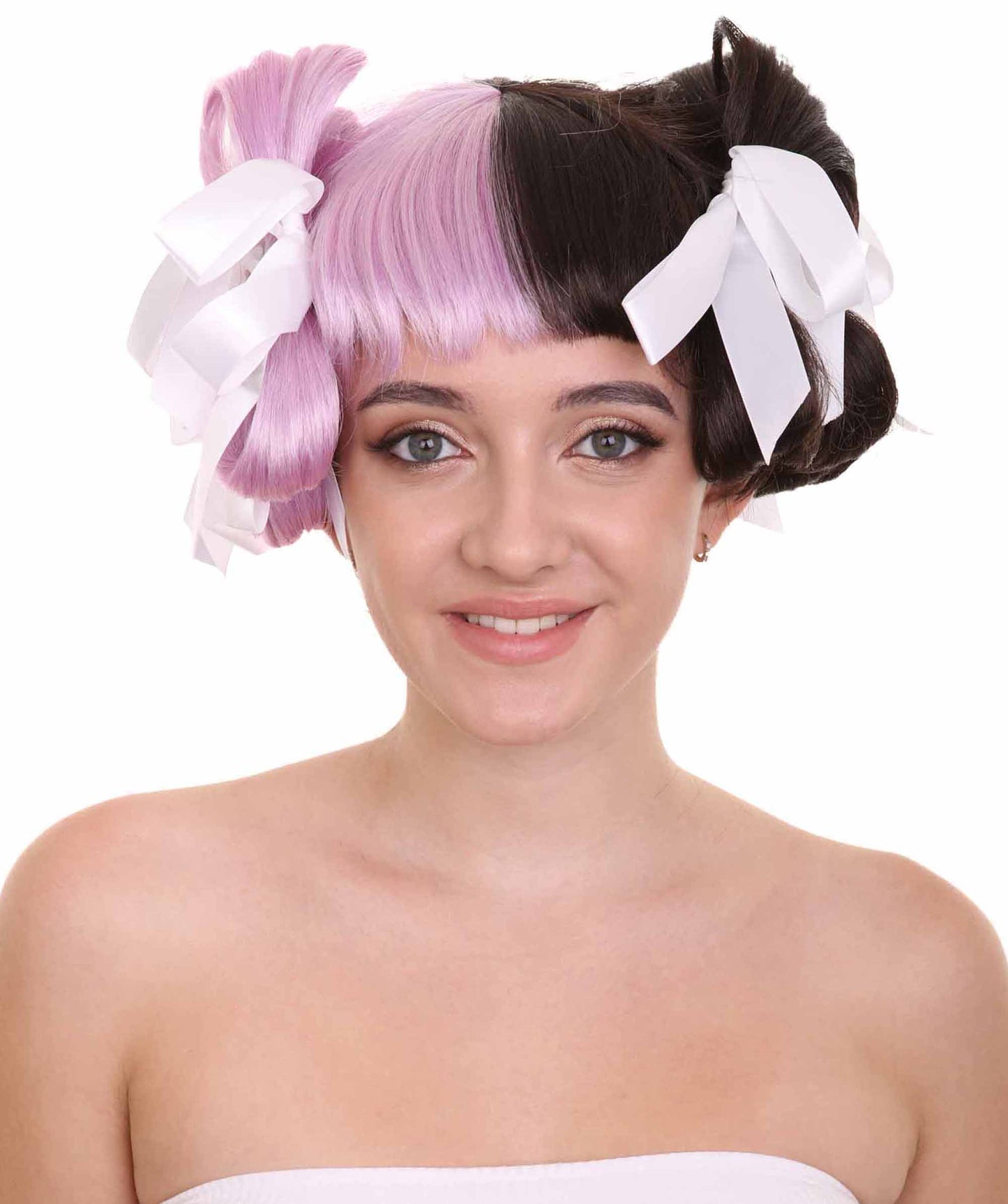 コスプレウィッグ Melanie Mad Hatter ボウスタイル H-3593 マルチカラーセレブリティウィッグ リボン付き プレミアム 通気性の良い キャップレスキャップ