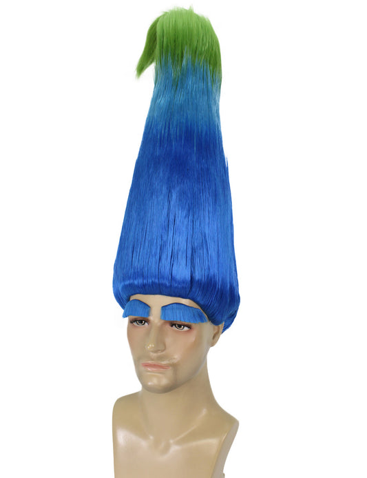 ハロウィンパーティープレミアムメンズ H-5643 ブルーグリーンポイントリーゼントロールウィッグ 青い眉毛付き 軟らかい合成繊維の髪