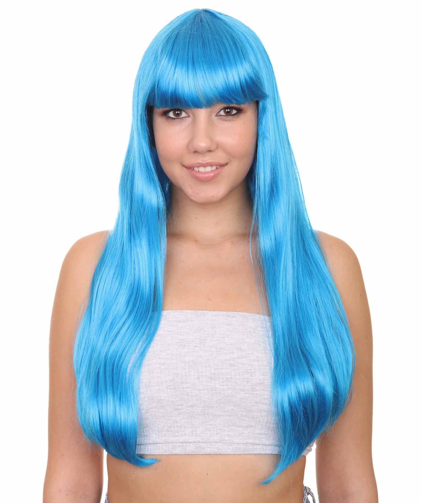 女性用 ロング ボブ ネオンブルー ウィッグ H-3360 ファンシー パーティー イベント レディ ハロウィン ウィッグ プレミアム通気性 キャプレス キャップ