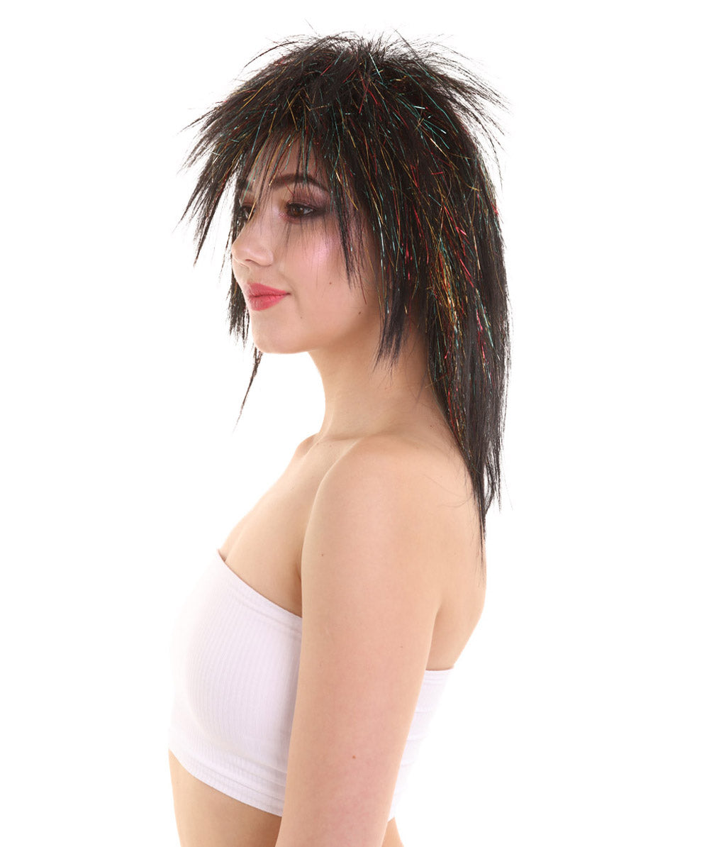ハロウィンパーティ H-5210 女性用 ロングブラックレイブマレット 金色のキラキラハイライトウィッグ プレミアム 通気性抜群のキャップレスキャップ