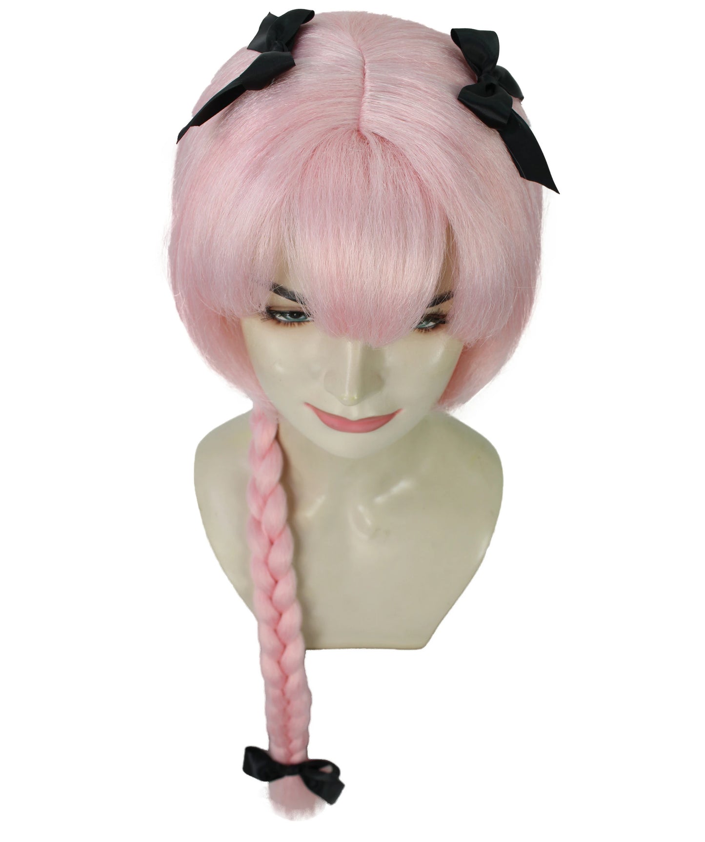 H-6264 ピンク コスプレウィッグ 女性用 ロング編み込み ちょう結び 難燃性合成繊維製