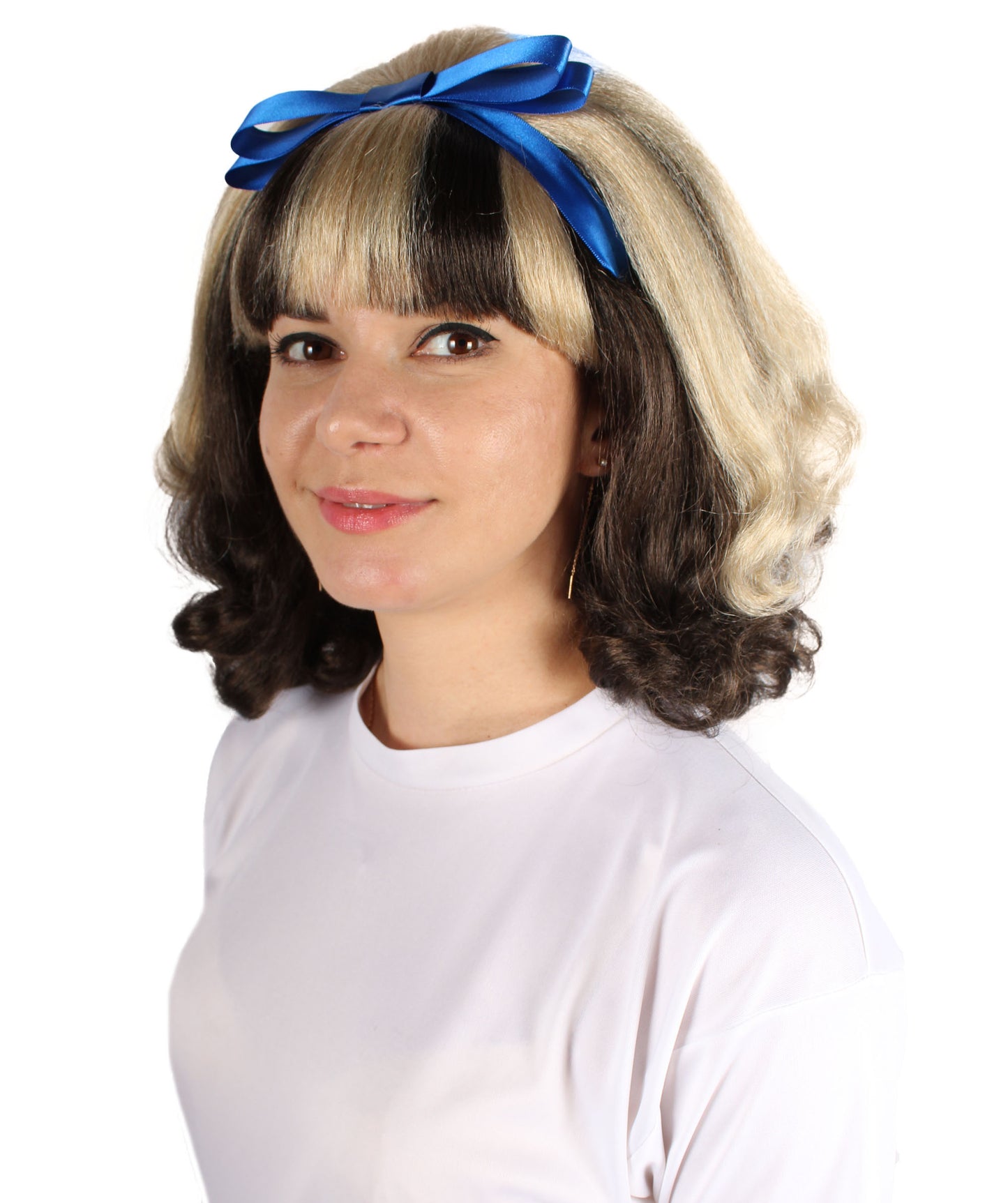 プレミアムレディースH-5932 アメリカの女優ウィッグ ブラックアンドブロンドカラー ブルーボウつき ハロウィンに最適 難燃性合成繊維