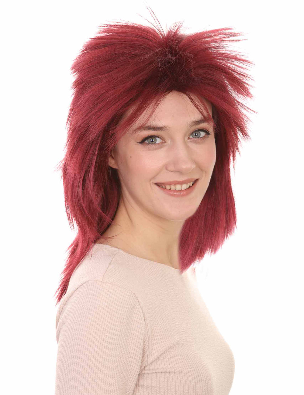 Wigs2you ハロウィン パーティー プレミアム H-1306 簡単に着用でき 快適なフィット感 80 年代女性バーガンディ ロッカー スタイルウィッグ