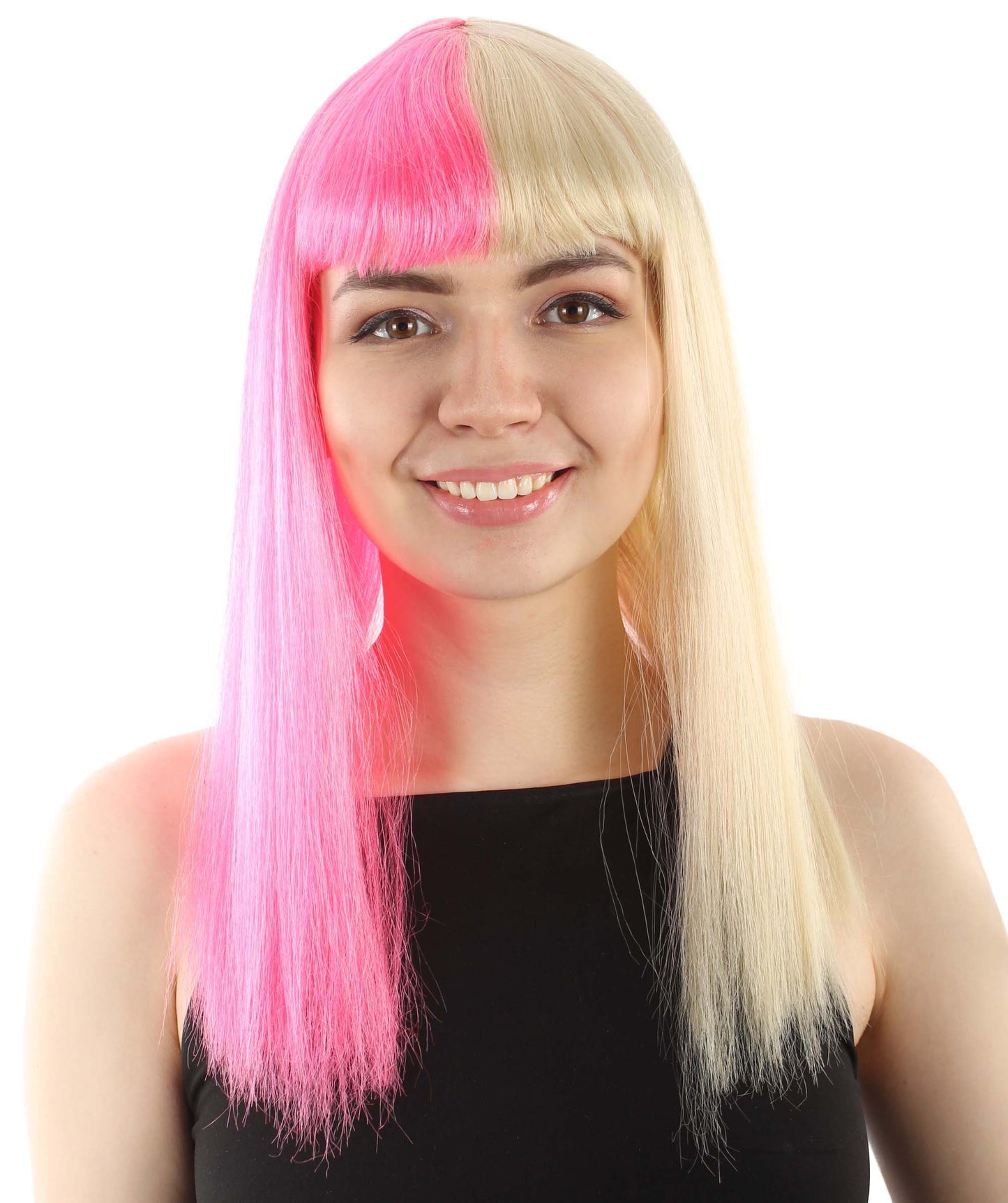 Women 18 Inch Silky Medium Straight Length Diva Wig Blonde Pink H-5378_20 Synthetic Fiber Hair with Bangs Halloween Party Wig